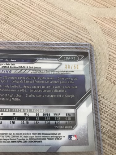 2016 Bowman Chrome Gold Refractor Robert Tyler RC Rookie AUTO 30/50 Autograph - Picture 4 of 4