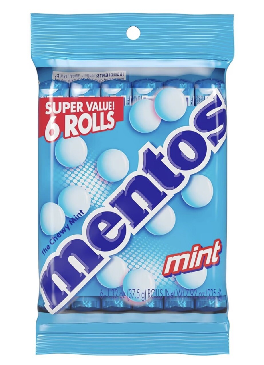 Mentos Chewy Mint Candy Roll, Mint, Non Melting ( 12 Packs of 6 Rolls)