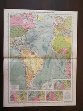 VINTAGE MAP P.9-10-PHILIPS INTERNATIONAL ATLAS-ATLANTIC OCEAN-COMMUNICATION-1935