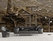 3D Relief House Bird Forest Self-adhesive Removeable Wallpaper Wall Mural