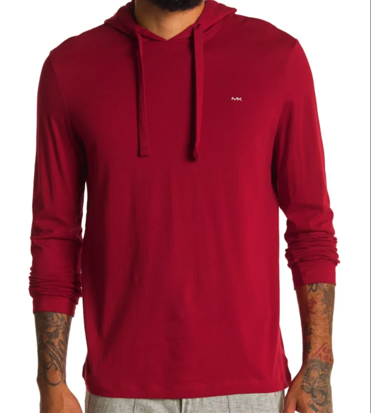 MICHAEL KORS Maglia Camicia Uomo Manica Lunga con Cappuccio Rosso Marrone Taglia M