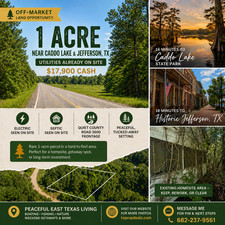 Rare 1-Acre Land For Sale Near Caddo Lake & Jefferson | Utilities On Site