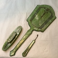 Vintage Green Pearlized Celluloid Vanity Set 3 Pieces Mirror