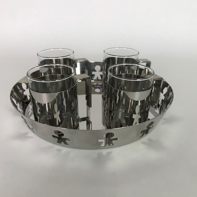 Alessi Girotondo Stainless Steel KING-KONG Round Tray & 4 Glass Mug Set Italy