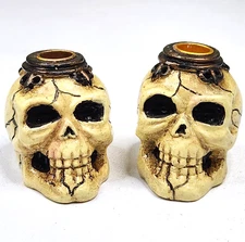 x2 Small Resin Skull Taper Candle Holders 2" tall Spooky Halloween Decor