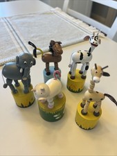 Lot Of 5 Wooden Collapsible Push Puppets Elephant Giraffe Pig Cow Horse