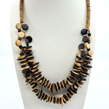 VTG Boho Multi Strand Chunky Wood Bead Necklace Black Brown Layered Statement
