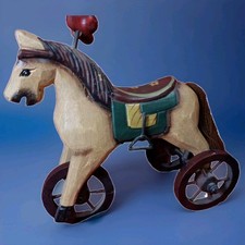 WOODEN HORSE ON WHEELS primitive Hand Crafted Wooden Horse Tricycle 9"