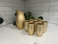 Vintage Gold Aluminum Pitcher And Cups