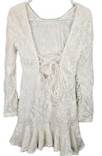 NWT Showpo Mini Lace Trim Open Tie Back White Dress Size 4 US Lace Long Sleeve 