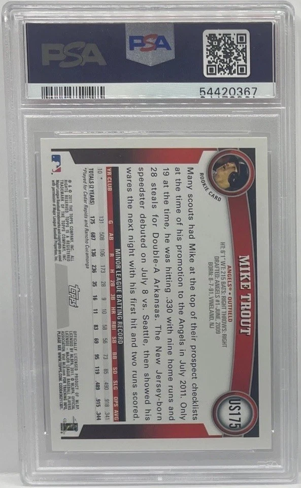 MIKE TROUT PSA 8 2011 TOPPS UPDATE #US175 ROOKIE CARD RC ANGELS MVP - Image 2 of 2