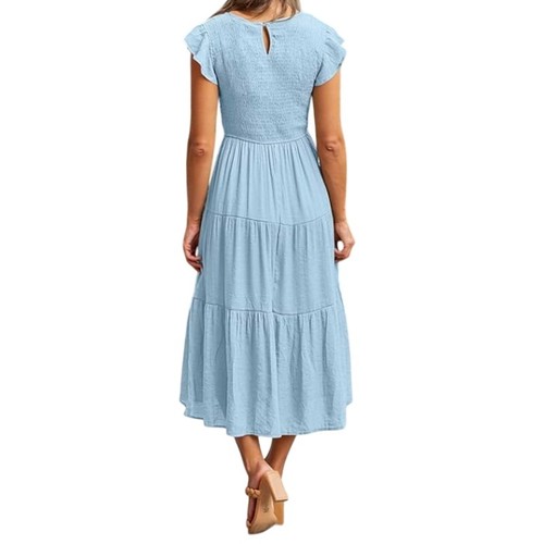 #7NWT Merokeety Light Blue Midi Dress Smocked Top Flutter Sleeves Size Small - Picture 2 of 3