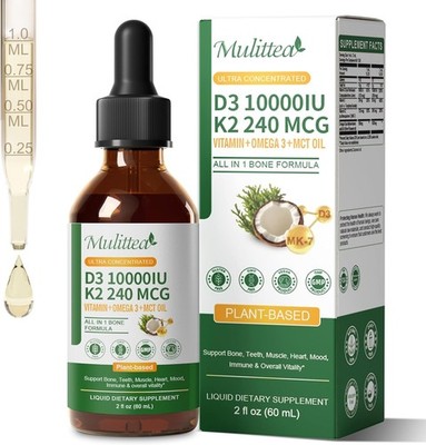 Organic Vitamin D3  10000 IU K2 Liquid w/ Vegan Omega-3 & Coconut MCT Oil