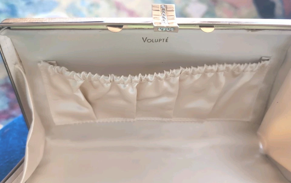 Bolso sin asas tocador vintage de noche negro satinado dorado años 50 años 60  Foto 3 de 4