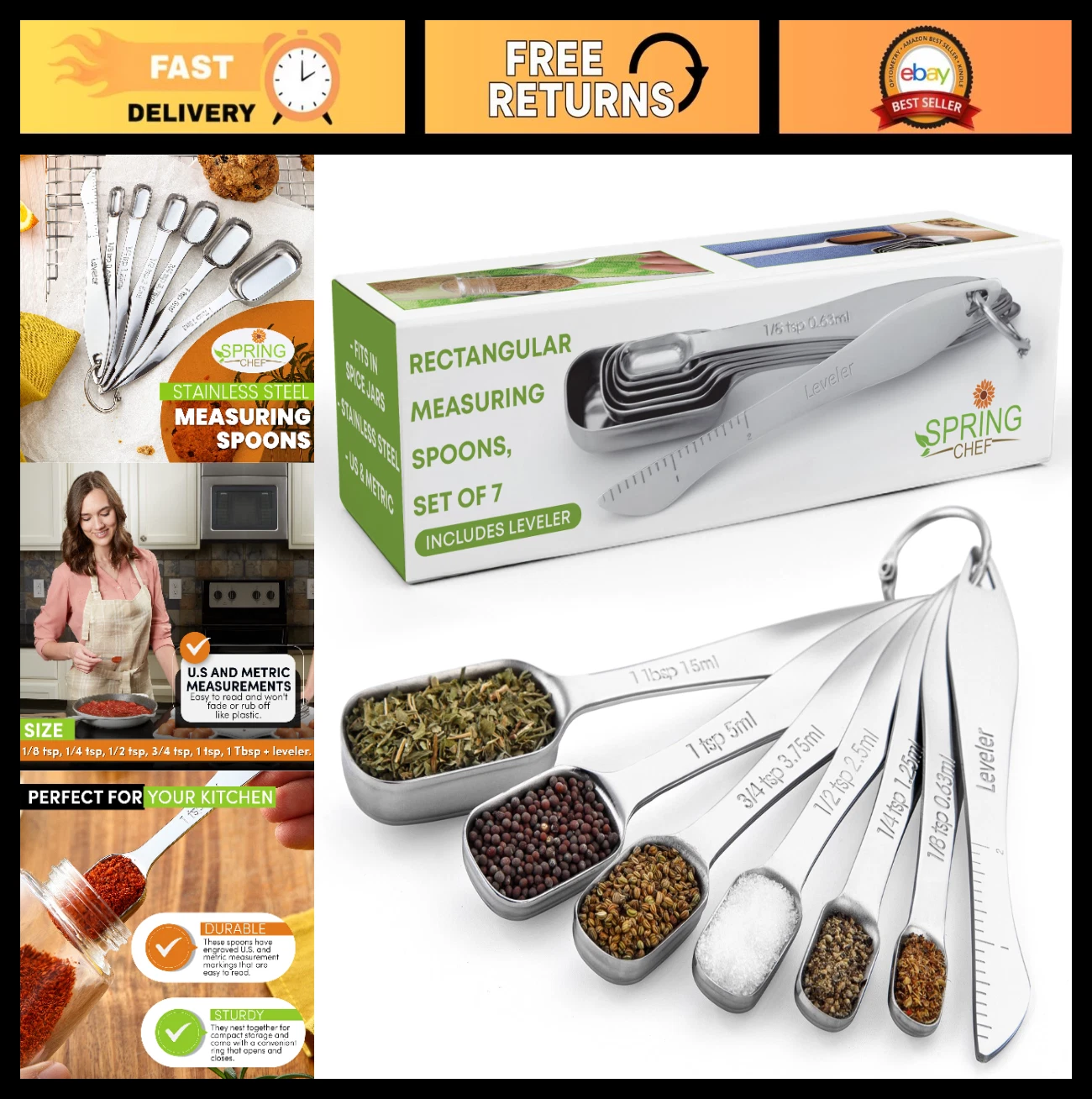 Stainless Steel Measuring Spoons Set of 7 with Leveler - Nesting Kitchen Gadgets