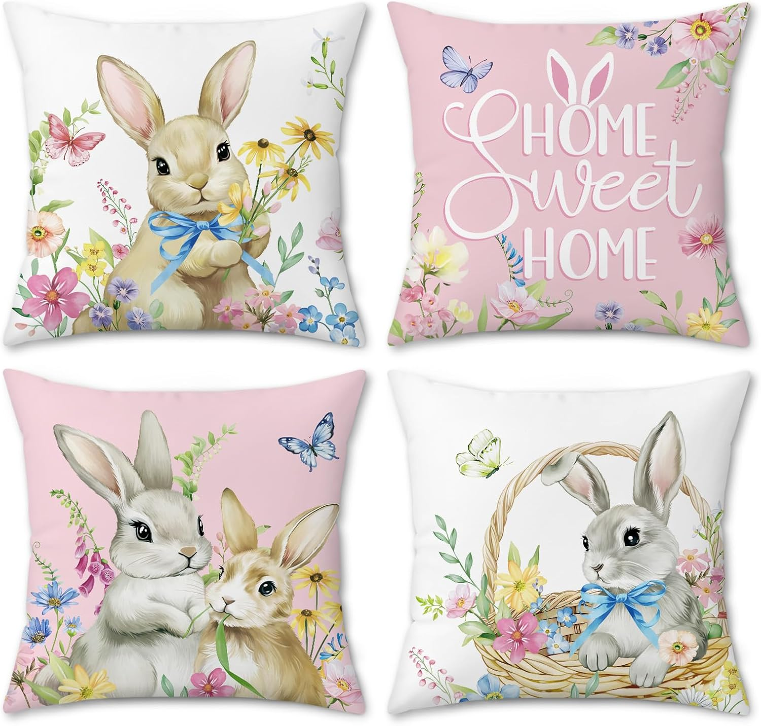 Spring Easter Bunny Throw Pillow Covers, Cute Rabbit Floral Butterfly Pink Velve