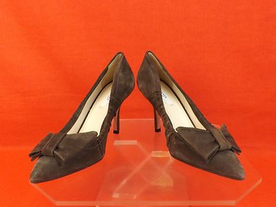 NIB PRADA 1I802C GRAY BROWN SUEDE BOW POINTED TOE MID HEEL CLASSIC PUMPS 38  IT - Main Image