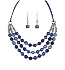 Blue multi row bead necklace and earring set mixed with silver beads New