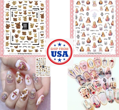 Nail Art Sticker DIY Design Waterproof Decal God Bless Maria Jesus Teddy Bear - Picture 2 of 20