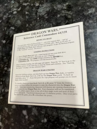 C-64 Dragon Wars PC 1989 Commodore 64/128 Reference Card Only!