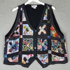 Webebop Vest Women's 2x Black Art Artsy Patchwork Granny Button Front Colorful