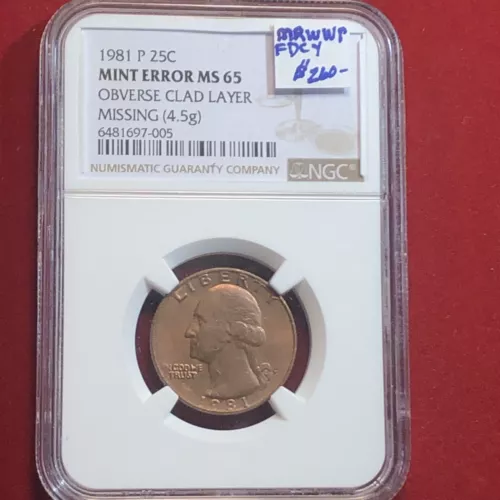 1981 p washington quarter Error Ngc MS65 Missing Clad Layer