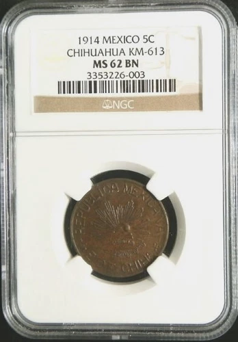 1914 COPPER MEXICO 5 CENTAVOS NGC MINT STATE 62 BROWN CONSTITUTIONAL ARMY