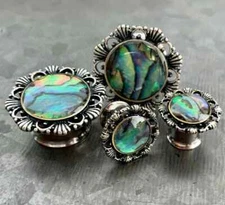 PAIR Abalone Antique Silver Flower Double Flare Tunnels Plugs Earlets Gauges