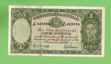 1942 TYPE  AUSTRALIAN  ARMITAGE / McFARLANE  ONE POUND  BANKNOTE  #J91 423036