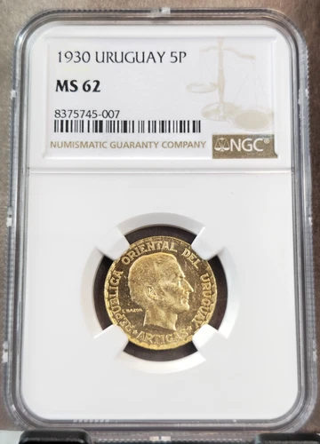 1930 URUGUAY GOLD 5 PESOS CONSTITUTION CENTENNIAL NGC MS 62 SCARCE NICE LUSTER