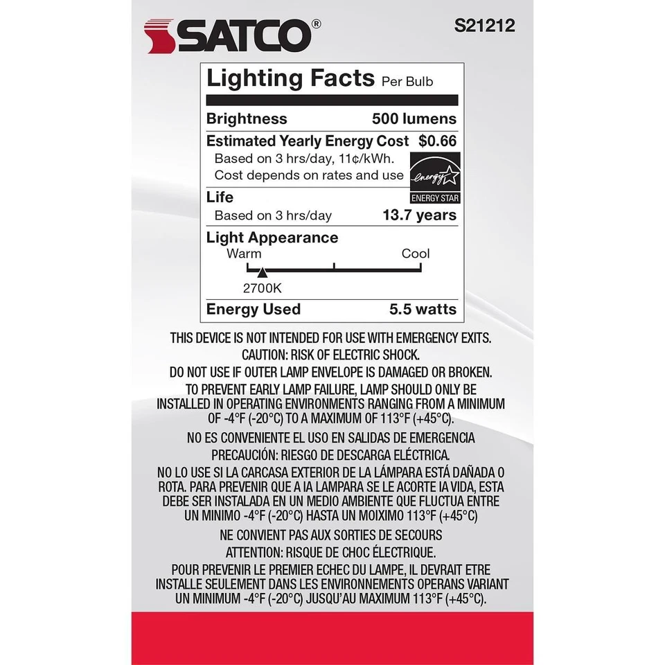 SATCO S21212 - 5.5 Watt G16.5 LED Candelabra Bulb - 2700K - 120 Volts (6 Pack) - Image 3 of 4