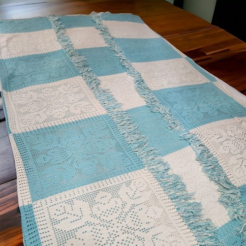 Vintage Hand Crocheted Bed Spread Coverlet Blanket Floral Cream Teal Full Size