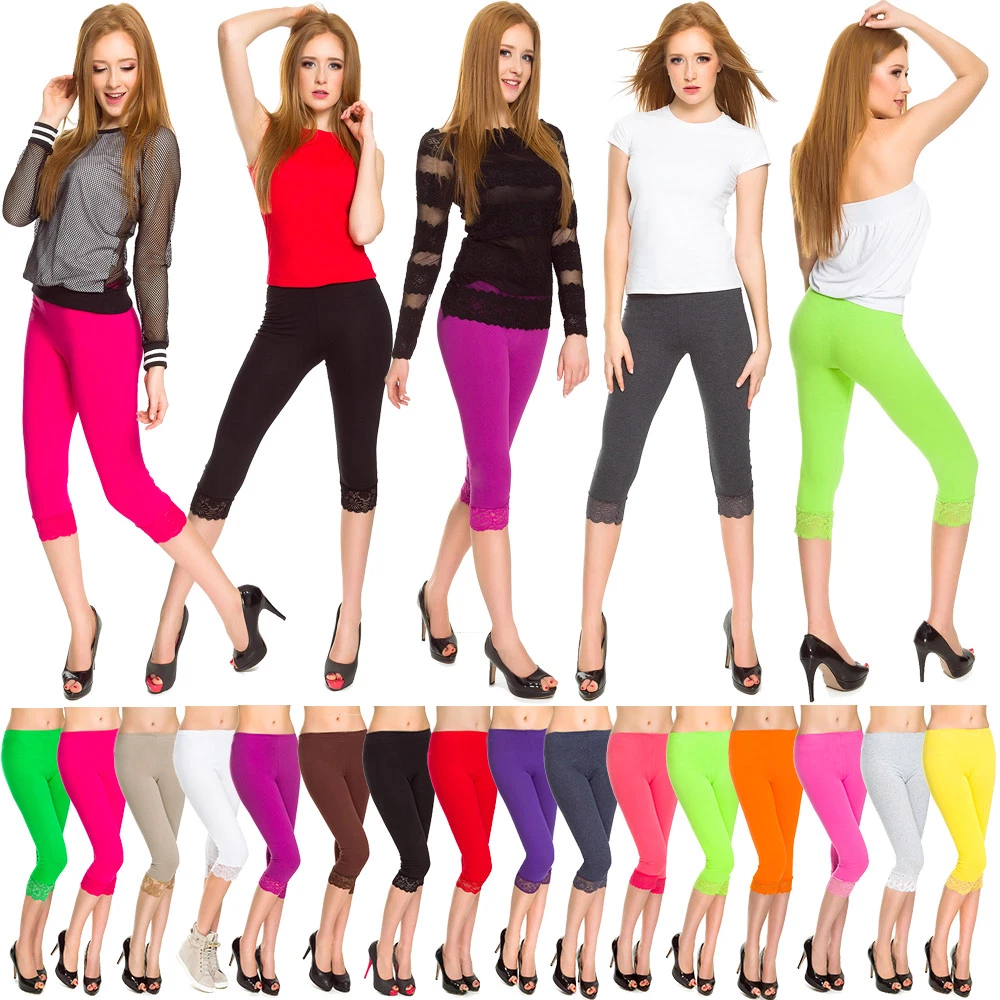 Womens Cropped Leggings Lace Cotton Ladies 3/4 Comfy Casual Pants Size 8-22