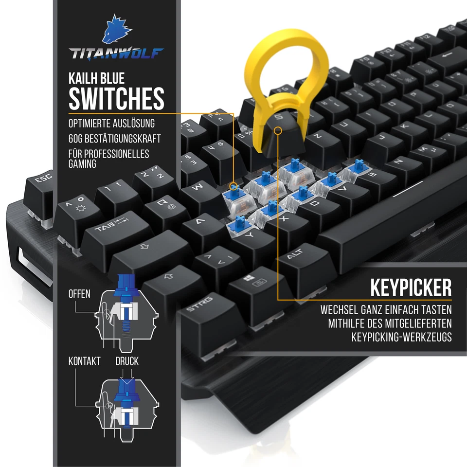Titanwolf Alumar Gaming Tastatur QWERTZ Layout mechanisch LED Beleuchtung Aktion - Bild 3 von 4