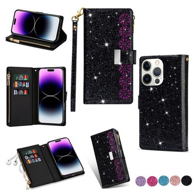 For Various Phone Zipper 9 Cards Flip Wallet Case Girl Laser Glitter Stand Cover