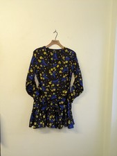 Lola Skye Floral Mini Dress Size 10 Yellow Blue Black Long Sleeve Ruched Wrap