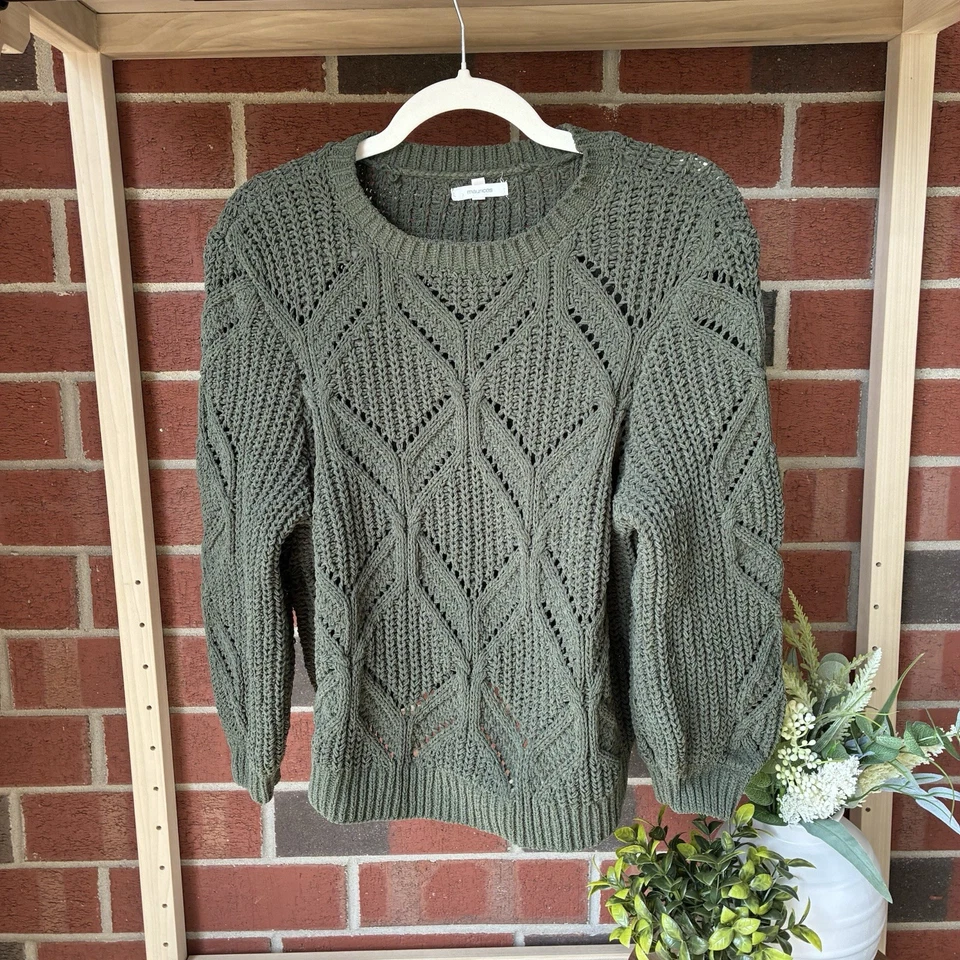 Olive Green Chunky Cable Knit Ribbed Sweater Size Medium 90s Preppy Academia - Image 1 of 4