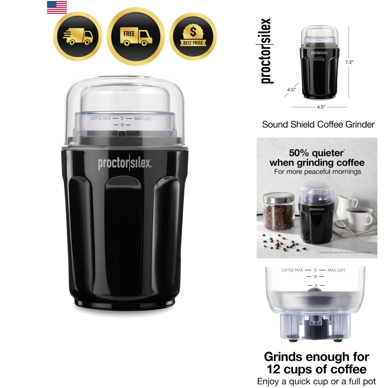 Sound Shield Electric Coffee Grinder for Quiet Grinding, Stainless Steel Blad...