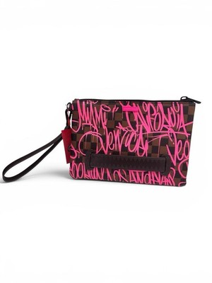 Sprayground Wristlet Clutch Pink Brown Graffiti Print, Zip, Limited Edition