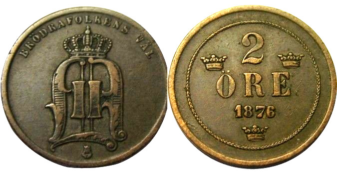 elf Sweden 2 Ore 1876 6/5 Overdate Oscar II