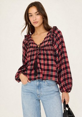Cleobella Red Black Plaid Long Sleeve Ruffle Peasant Top size S