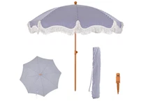 PHI VILLA 7 Ft Beach Umbrella with Fringe Outdoor Patio Portable Blue/White