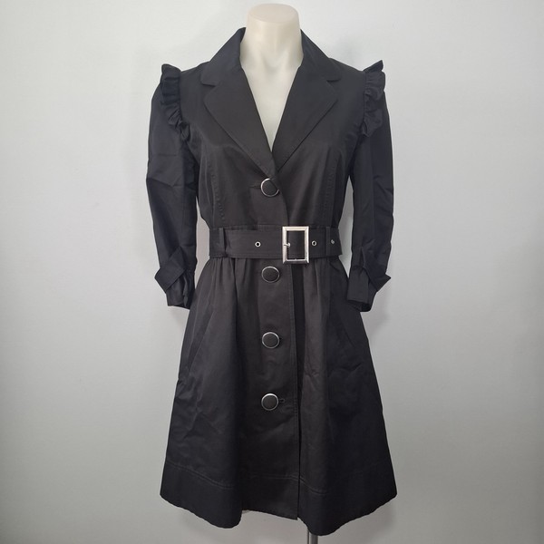 Forever New Black Button Front Trench Coat Mid Length Belted Coat Size 8