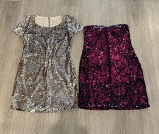 Pair Of 2 Sequin Party Dresses Size Large - Pink Strapless And Gold Sleeve