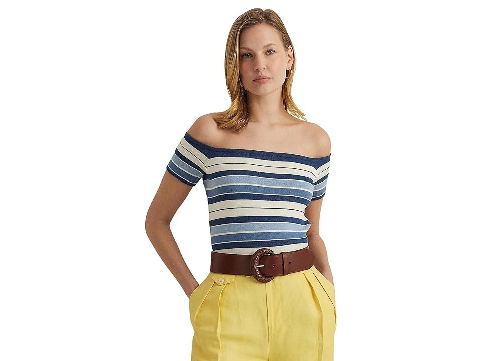 Lauren Ralph Lauren Womens Striped Off-The-Should Blue Size L MSRP $125