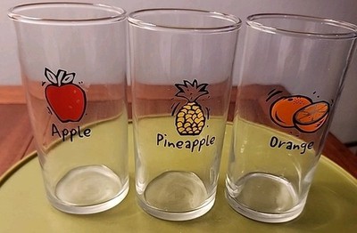 Vintage Set Of 3 Libbey Safe Edge Juice Glasses Pineapple Apple Orange 4.5 