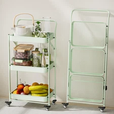 Foldable Rolling Cart, 3-Tier Metal Folding Storage Utility Carts Basket Rack Or