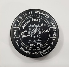 1-5-10 JORDAN STAAL Pittsburgh Penguins vs Thrashers NHL Game Used GOAL PUCK 2