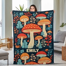 Personalized Mushroom Blanket, Vintage Fungi Blanket, Custom Name Plush Fleece
