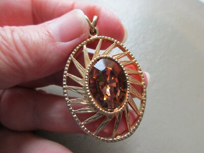 GROSSER VINTAGE GOLDFARBENER SUNBURST BERNSTEIN GLAS STEIN RETRO SONNE ANHÄNGER HALSKETTE UK
